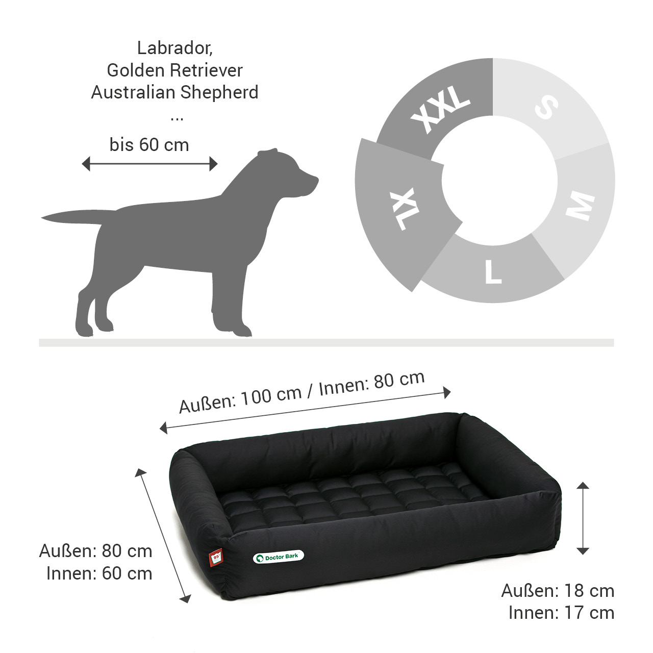 eckiges Doctor Bark Hundebett mit Rand Gr. XL - schwarz eckiges Doctor Bark Hundebett mit Rand Gr. XL - schwarz