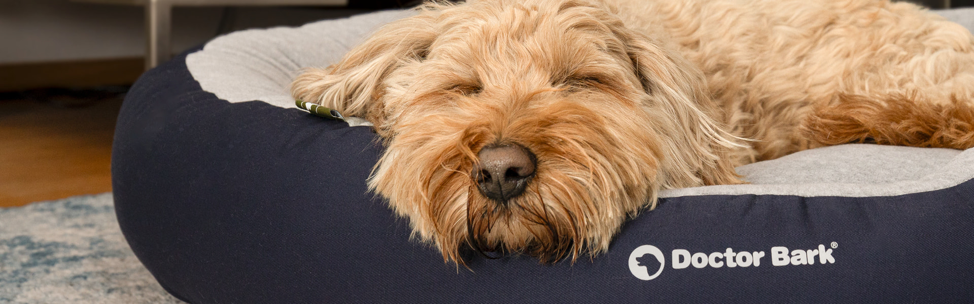 Doctor Bark soft & comfortable round dog nest in blue – doodle sleeping on the fleece reversible cushion