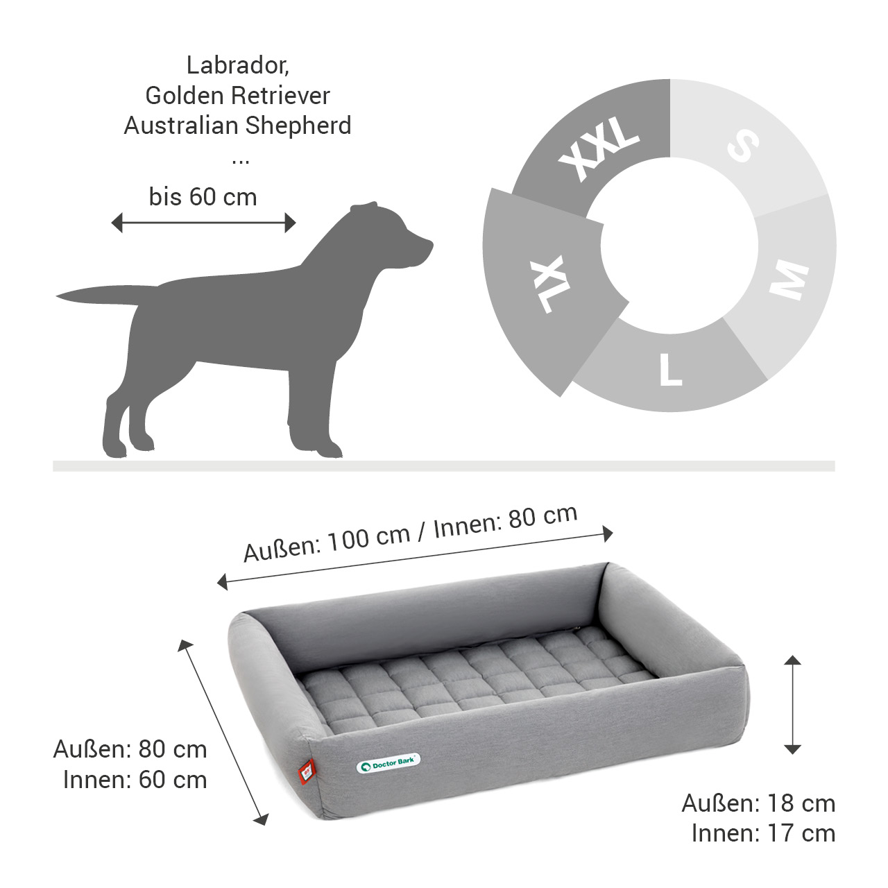 eckiges Doctor Bark Hundebett mit Rand Gr. XL - hellgrau eckiges Doctor Bark Hundebett mit Rand Gr. XL - hellgrau