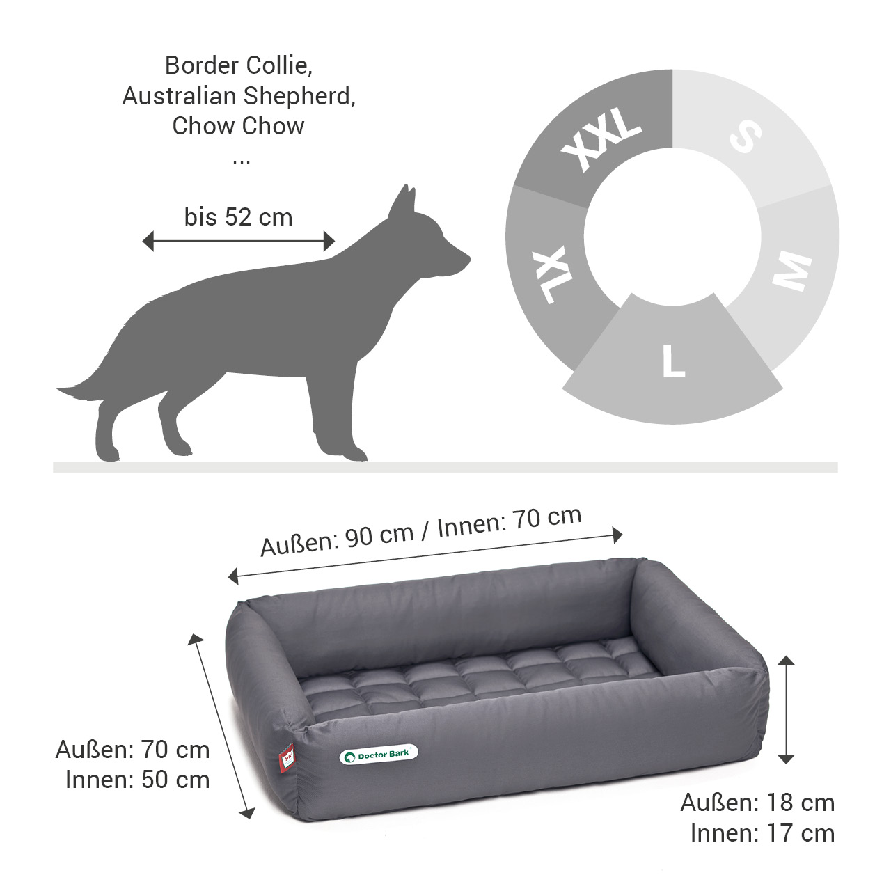 eckiges Doctor Bark Hundebett mit Rand Gr. L - grau eckiges Doctor Bark Hundebett mit Rand Gr. L - grau