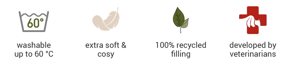 Features of Doctor Bark Green Label soft & comfortable dog beds – washable up to 60 °C, extra soft and cosy, 100% recycled filling and developed by veterinarians