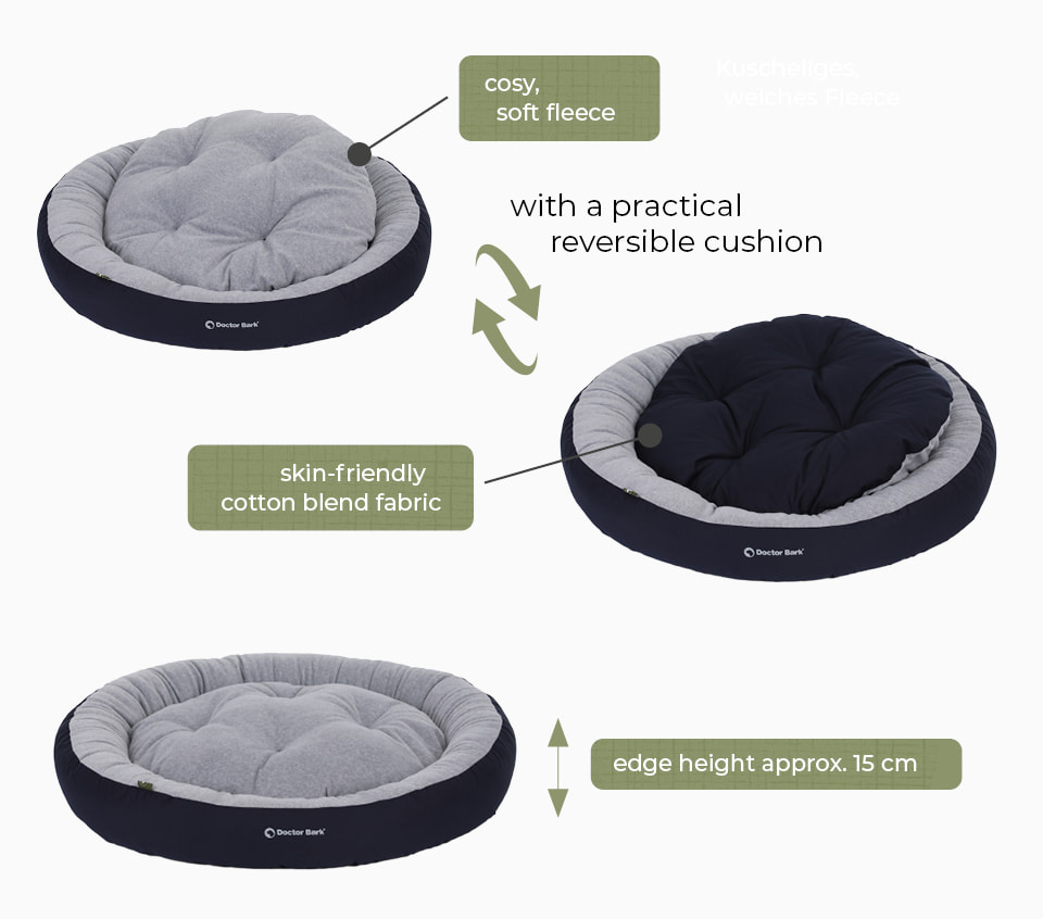 Soft & comfortable Doctor Bark Green Label dog nest with cosy fleece, practical reversible cushion, skin-friendly cotton blend fabric and approx. 15 cm rim height
